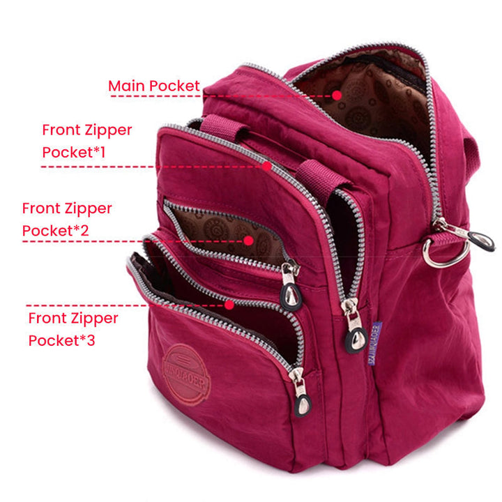 Interior view of new women's multi-compartment water-resistant bag, organized storage for travel.