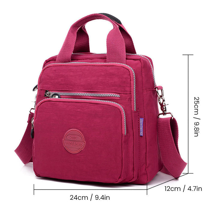 Woman wearing a new water-resistant crossbody bag, demonstrating its comfort and style for everyday carry.