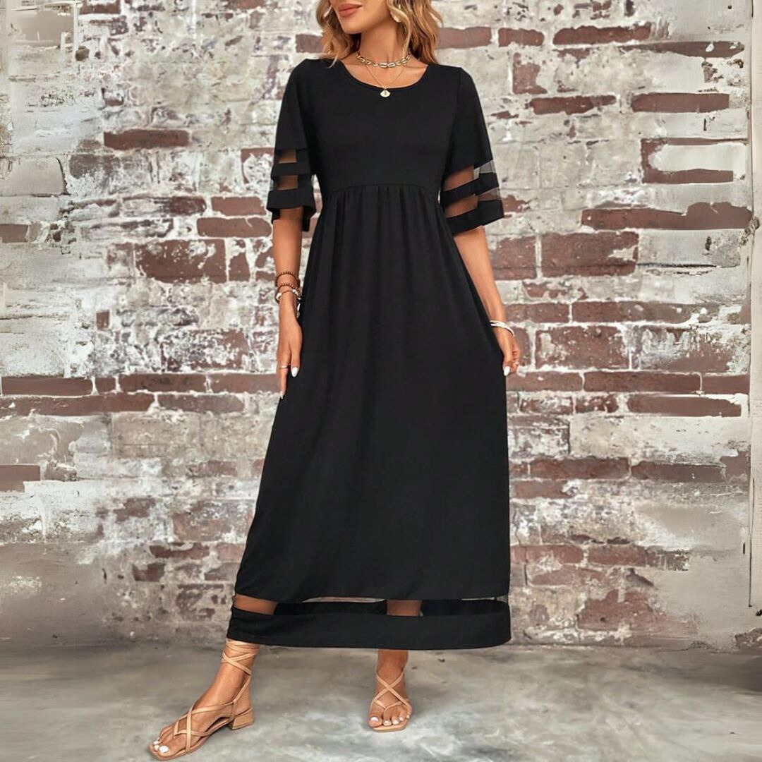 Elegant women's long sleeve midi dress with a round neckline, perfect for versatile day-to-night wear.