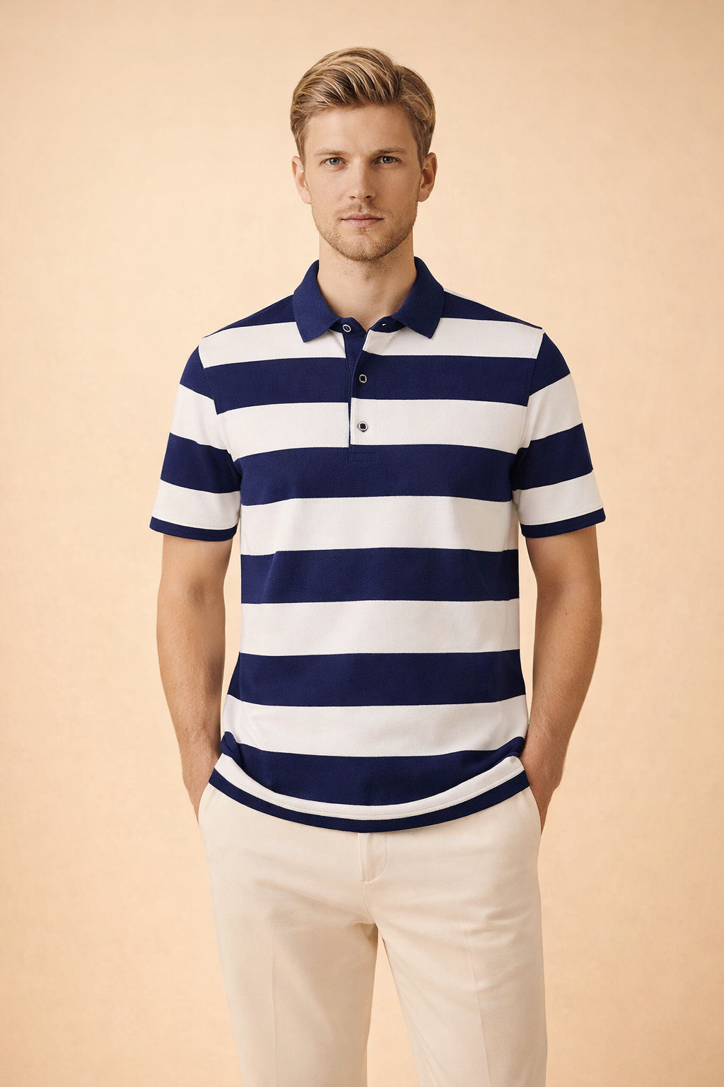 Men's classic striped polo shirt. Smart casual short sleeve top for versatile everyday wear & modern fashion.