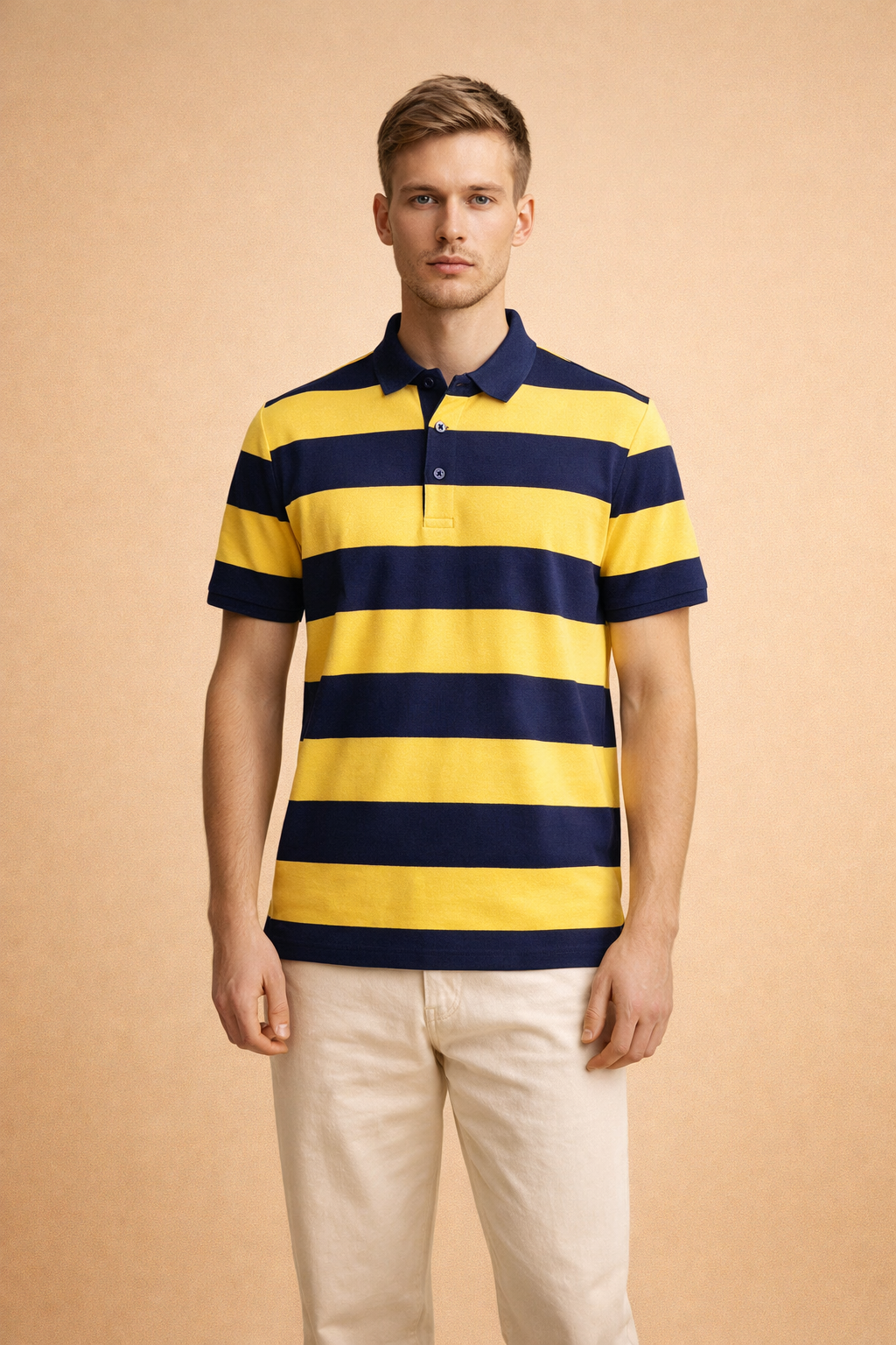 Versatile men's striped polo shirt. A smart casual short sleeve top, ideal for classic everyday men's fashion.