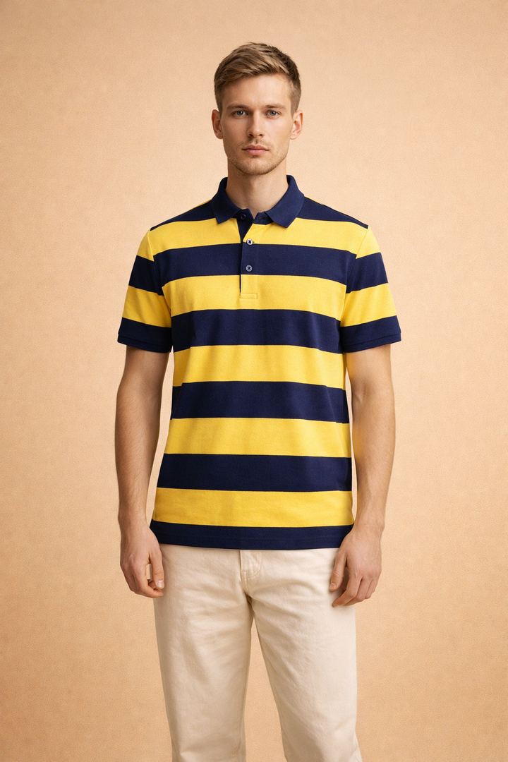 Versatile men's striped polo shirt. A smart casual short sleeve top, ideal for classic everyday men's fashion.