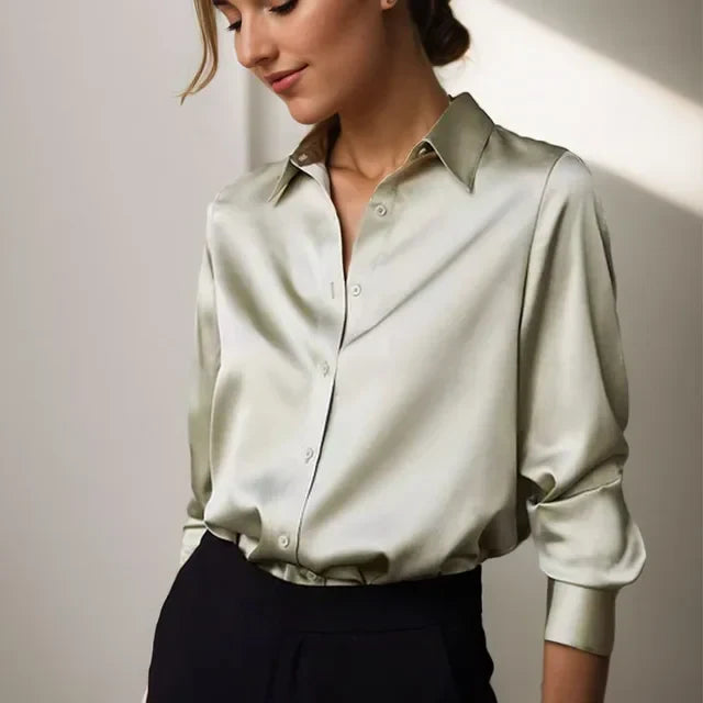 Elegant women's loose fit v-neck blouse, long sleeve button-up shirt, perfect for office chic or casual wear.