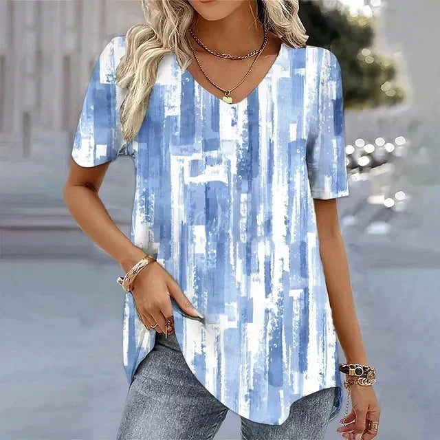 Comfortable women's V-neck striped t-shirt. Relaxed fit for effortless everyday style, great for casual summer outfits.