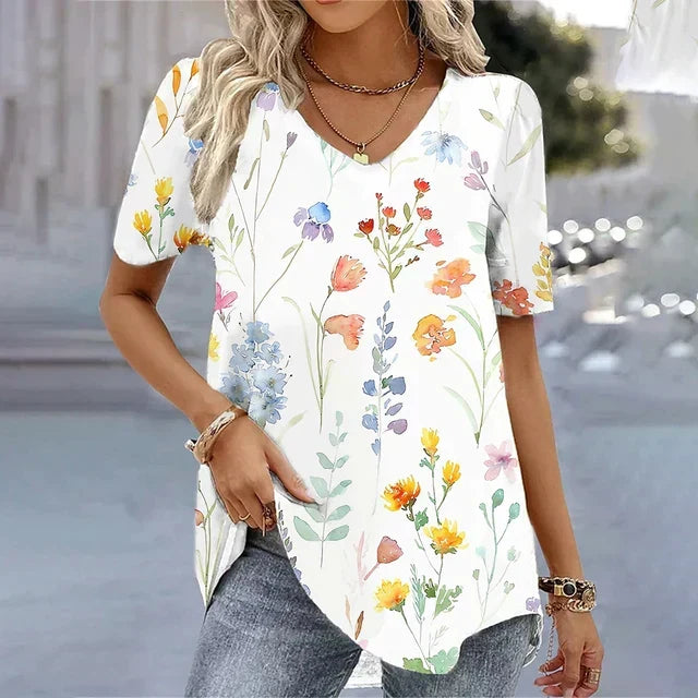Women's relaxed fit striped V-neck t-shirt, perfect for casual everyday wear and summer fashion. Comfortable & chic.