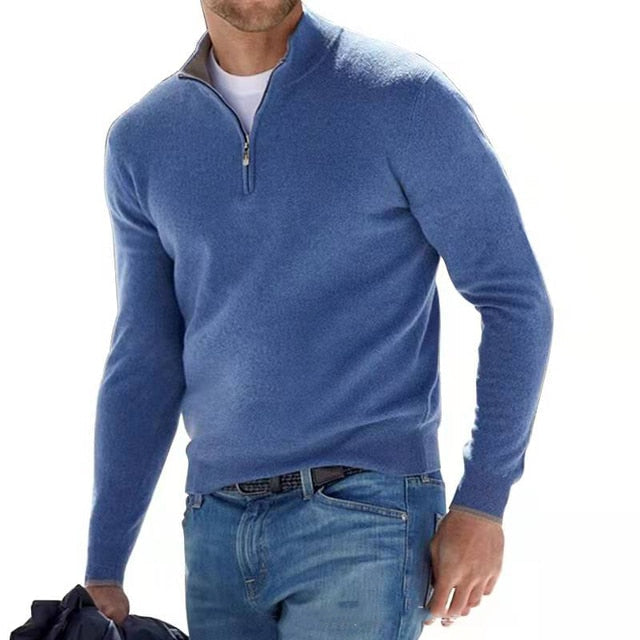 Warm men's knitted half-zip long-sleeve sweater. Perfect autumn/winter casual jumper for comfort & style.