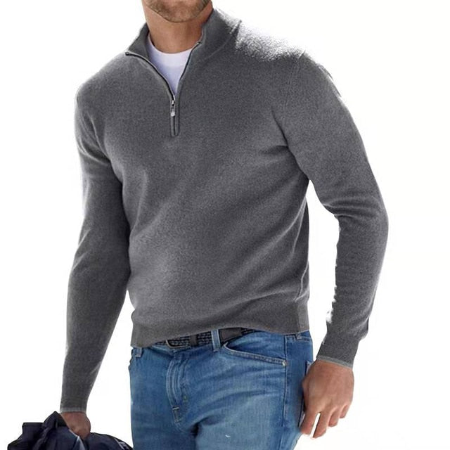 Modern men's half-zip knit sweater. Long-sleeve versatile jumper for effortless autumn style.