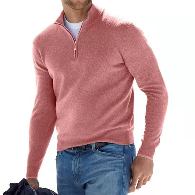 Men's autumn style half-zip long-sleeve knit sweater. Essential casual jumper for chilly days.