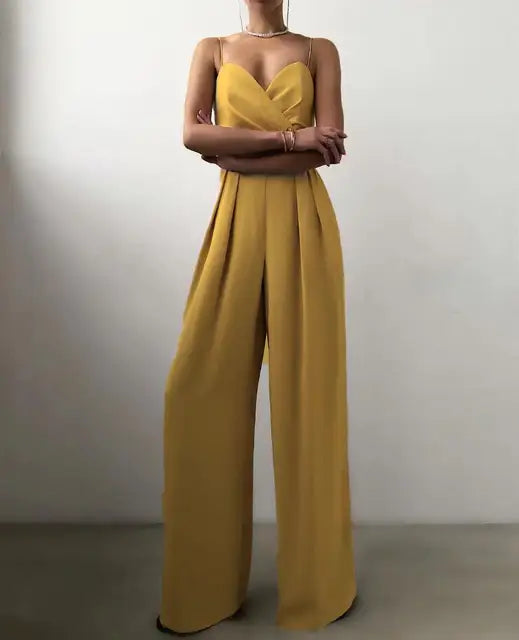 Comfortable wide-leg spaghetti strap jumpsuit for women. A versatile one-piece, perfect for casual or evening wear.