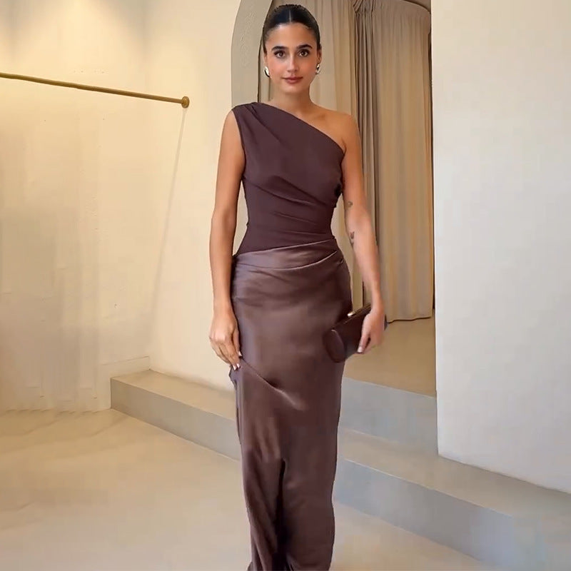 Chic dark brown one-shoulder maxi dress for women. Elegant formal wear, perfect for evening events or as a wedding guest.