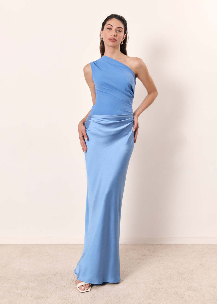 Sophisticated dark brown one-shoulder maxi dress. Women's elegant formal wear, perfect for an evening out or wedding.