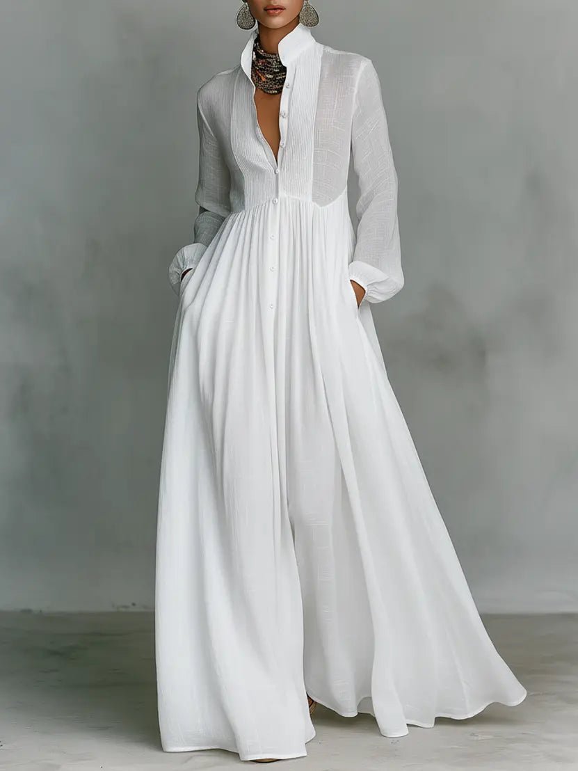 Women's collared relaxed fit maxi dress with button-down front. Effortless style for everyday wear.
