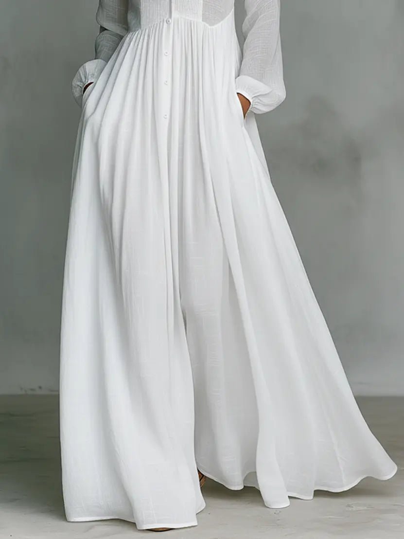 Model wearing a flowing women's collared relaxed fit maxi dress, suitable for comfortable everyday fashion.