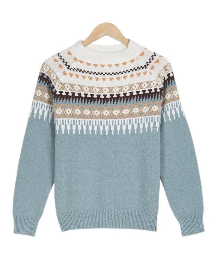 Textured Fair Isle knit winter pullover sweater. Unisex design, offering cozy warmth and classic Nordic style.