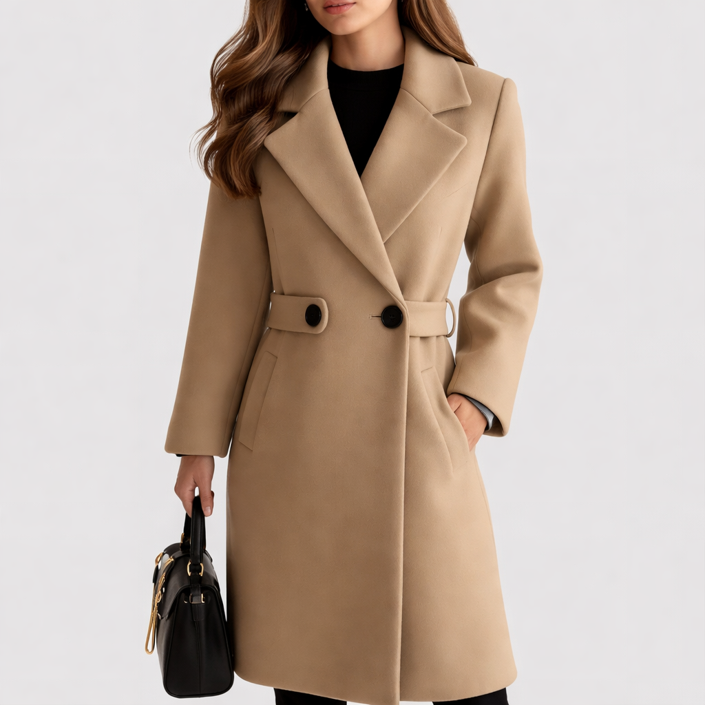 Elegant women's mid-long winter coat with a sophisticated notched lapel and optional belt.