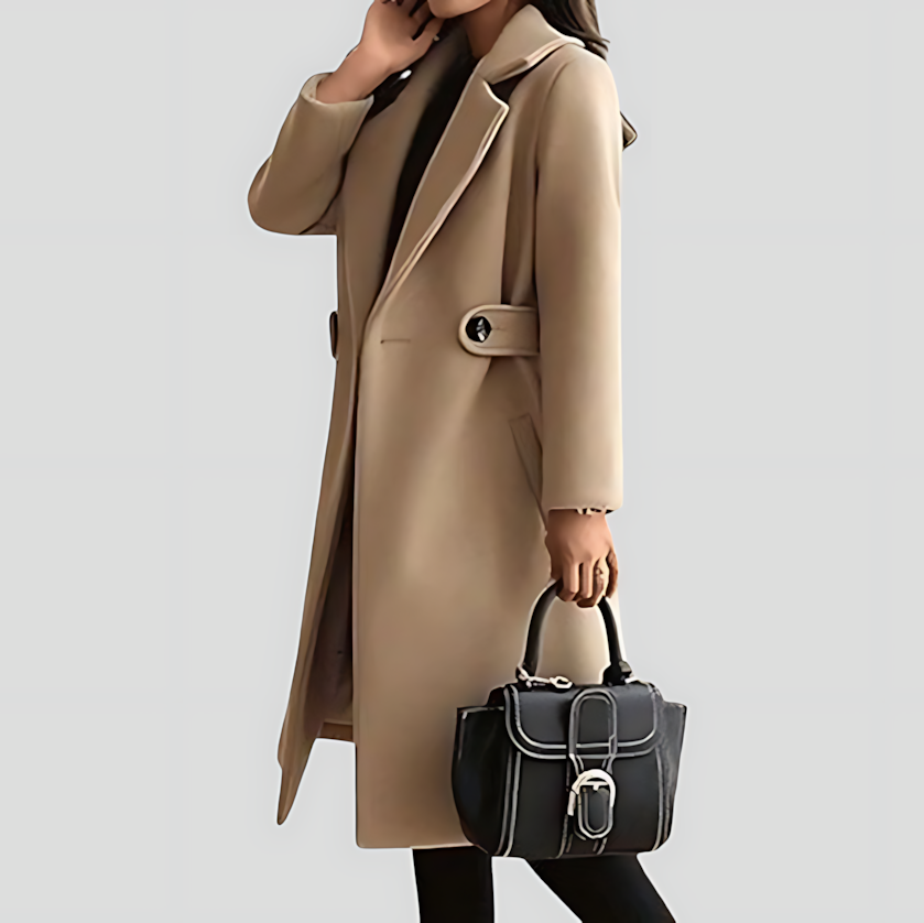 Classic women's belted winter coat. Stylish mid-long outerwear with a notched lapel for fall fashion.