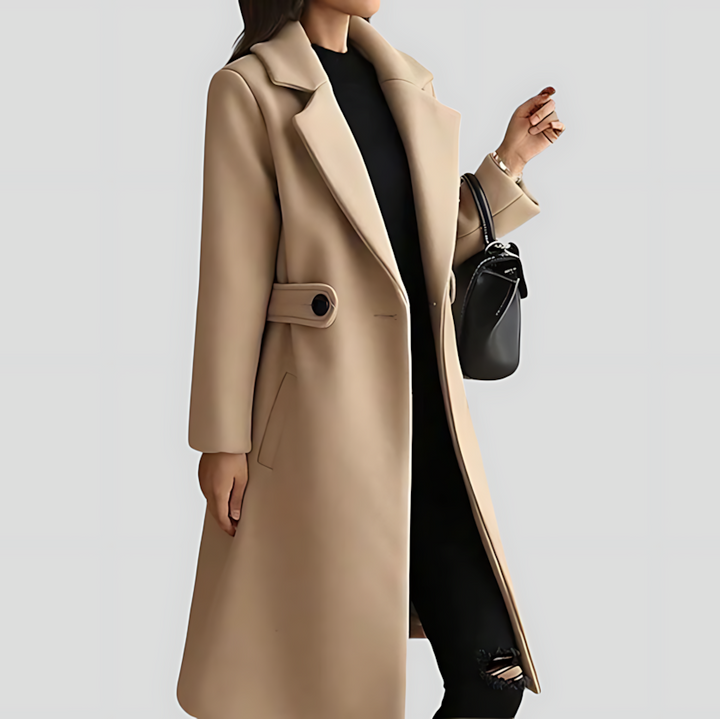 Warm women's winter jacket. Versatile mid-long coat featuring a classic notched lapel design.