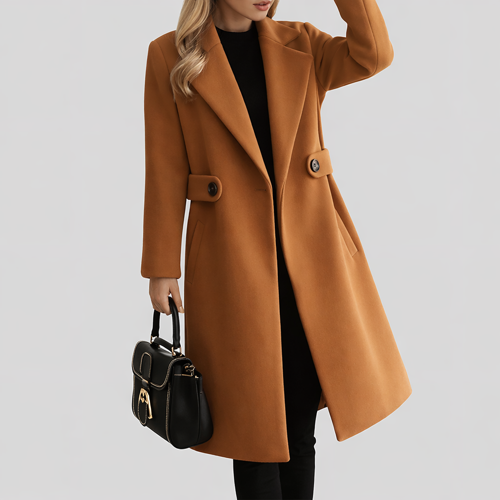 Stylish women's mid-long winter coat with a chic notched lapel, perfect for elegant fall outerwear.