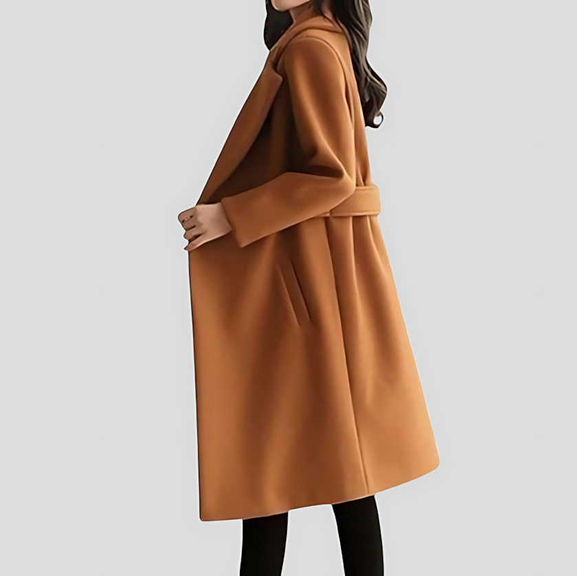 Women's elegant mid-long belted winter coat. Features a sharp notched lapel, ideal for cold weather.