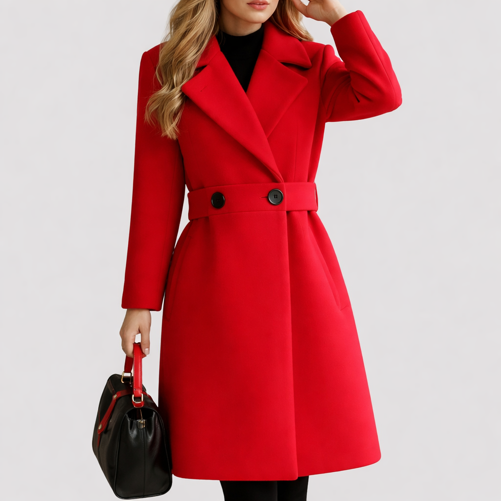 Versatile women's fall fashion coat. Mid-long winter outerwear with a distinctive notched lapel & belt.