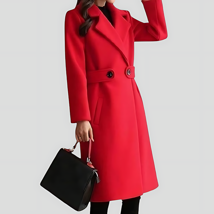 Warm women's mid-long winter coat. Classic design with a notched lapel and stylish belt for outerwear.