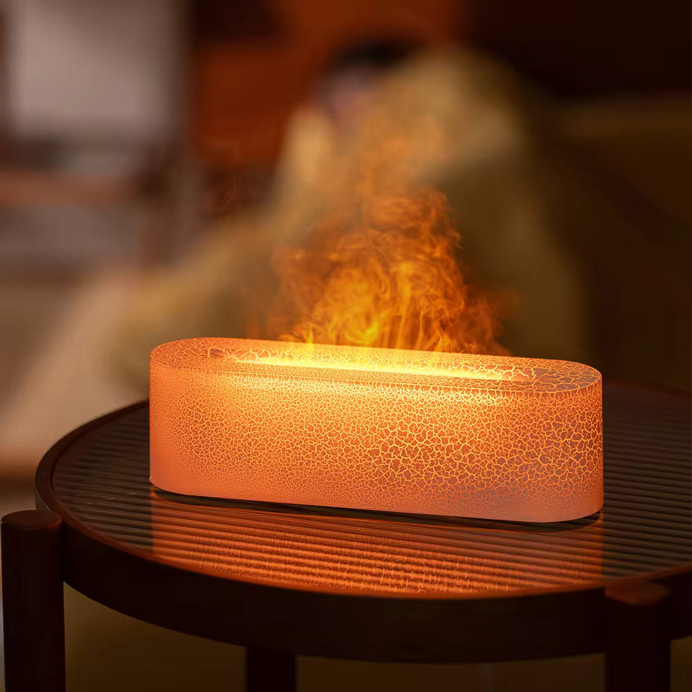 Flame-effect humidifier with LED mist for home aromatherapy. Modern essential oil diffuser.