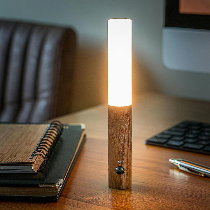 Battery-operated LED wall lamp, modern design, motion activated, perfect for corridors.