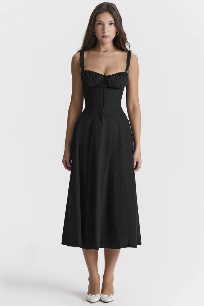 Sweetheart neckline women's floral midi dress, elegant bustier style, perfect for summer parties.