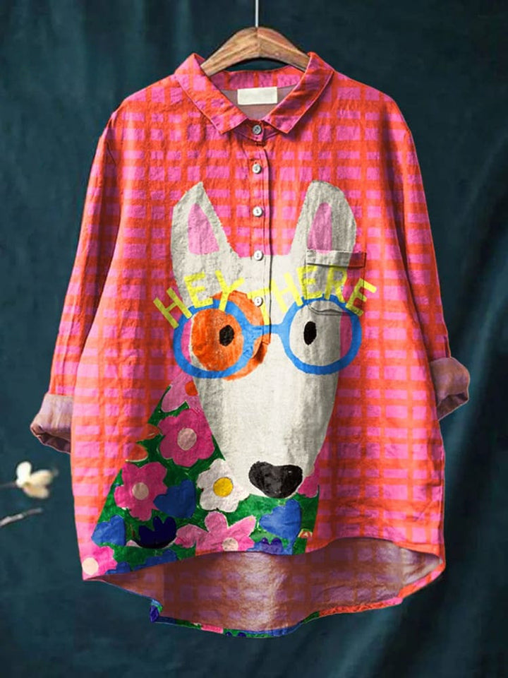 Whimsical dog and cat art print men's shirt, long sleeve for casual wear. A unique pet lover's top.