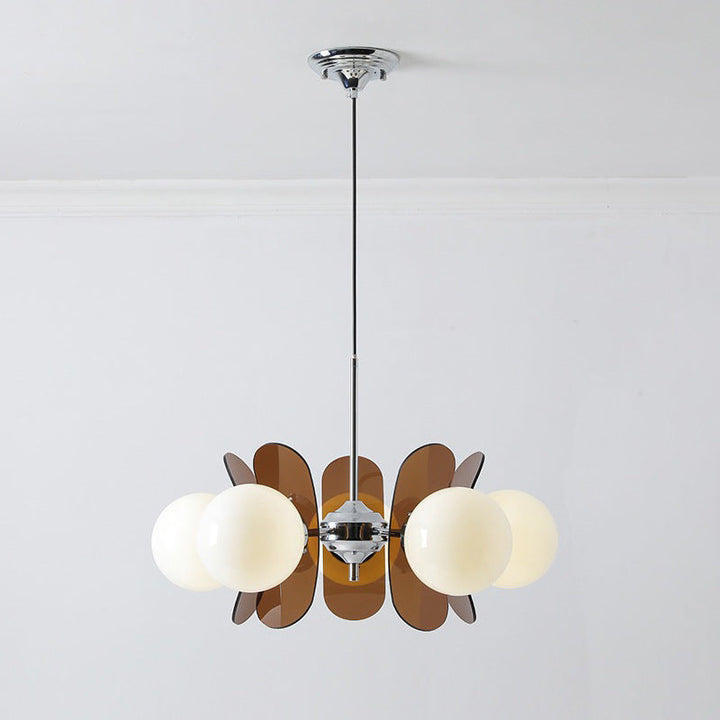 Contemporary geometric chandelier for modern spaces, frosted glass spheres & sleek black metal frame.