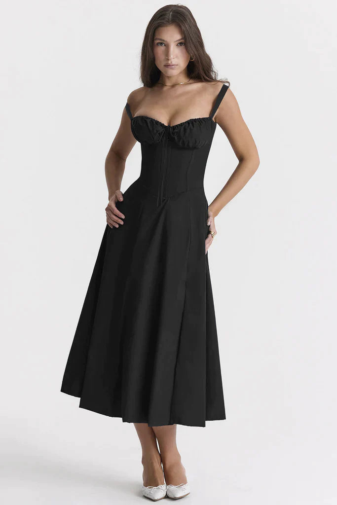 Occasion wear women's floral midi dress, bustier design, sleeveless, and a beautiful flower print.