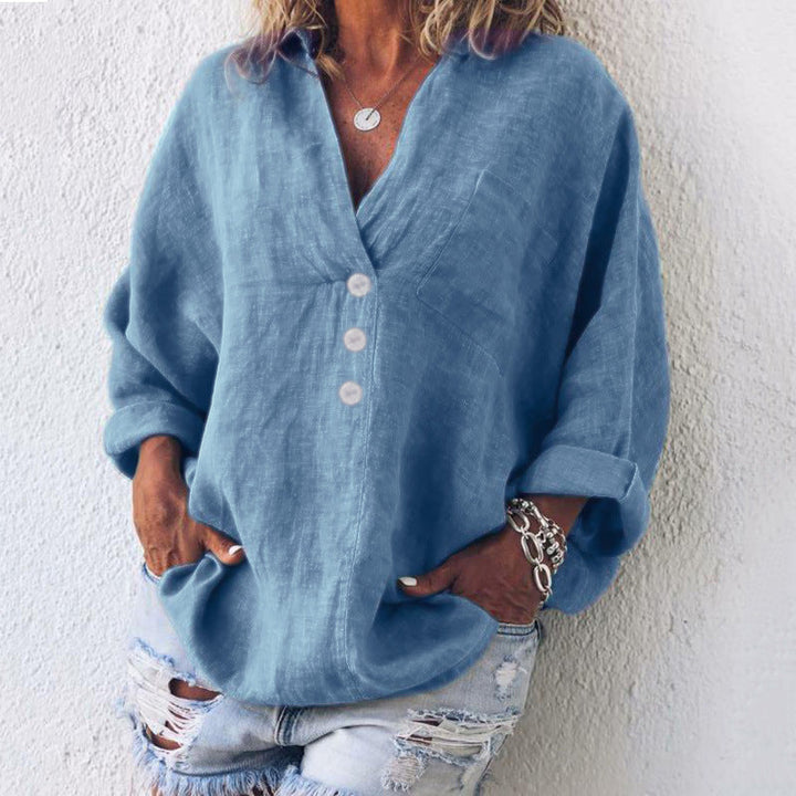 Women's Oversized Linen V-Neck Pullover Top