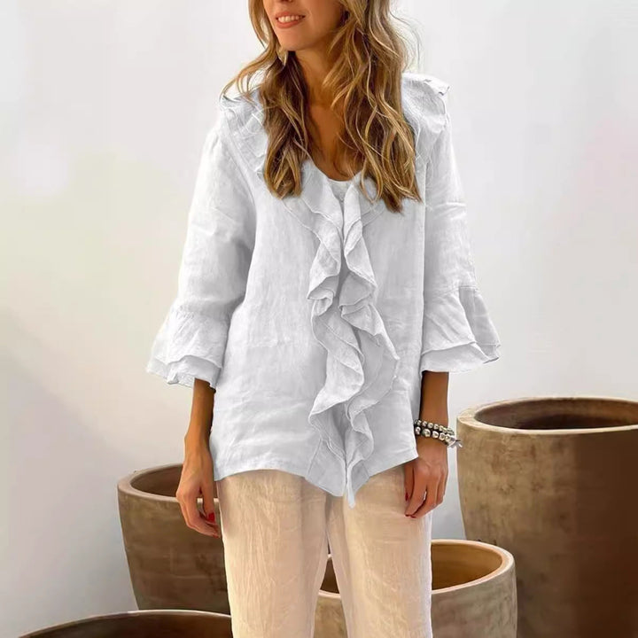 Chic women's ruffled 3/4 sleeve blouse, ideal for elegant spring & summer style with a relaxed fit.