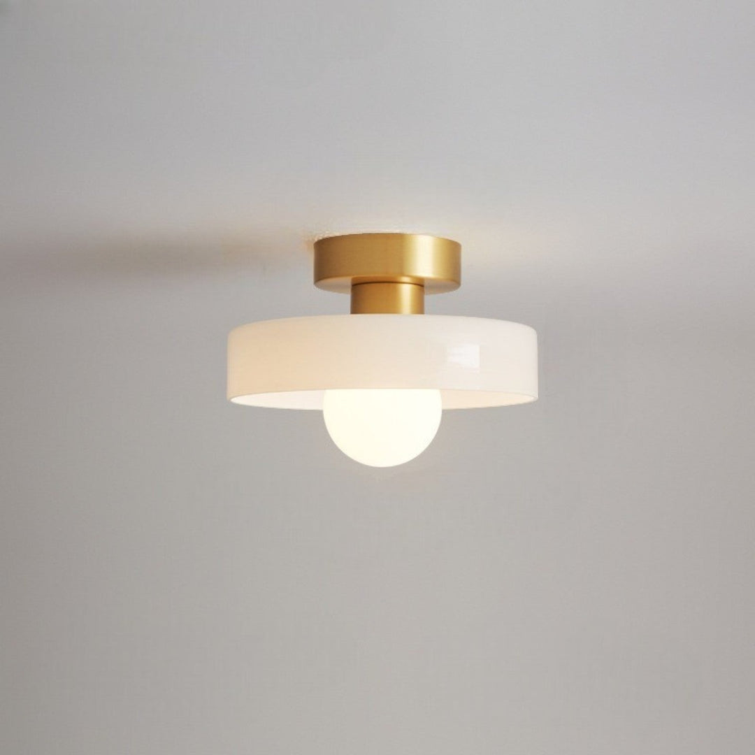 Modern lighting fixture, French Bauhaus aesthetic, brass & glass ceiling light.