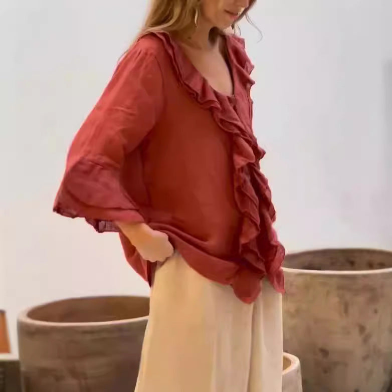 Comfortable & elegant women's ruffled 3/4 sleeve blouse, a relaxed fit fashion choice for any season.