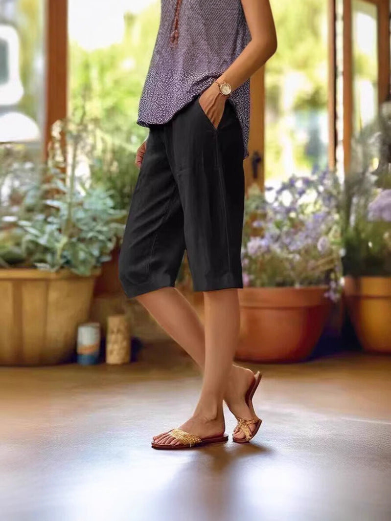 Comfortable women's straight leg knee-length shorts, a versatile choice for warm weather casual style.