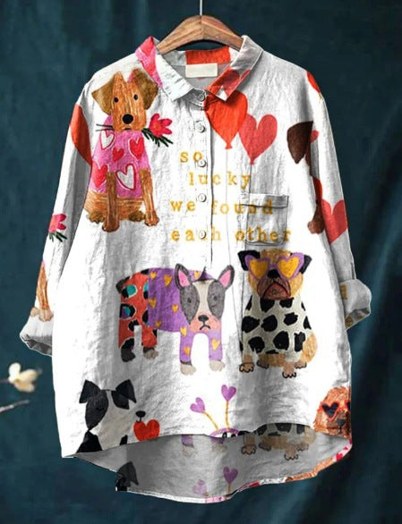 Men's casual long sleeve top featuring a whimsical dog and cat art print. Fun fashion for men.