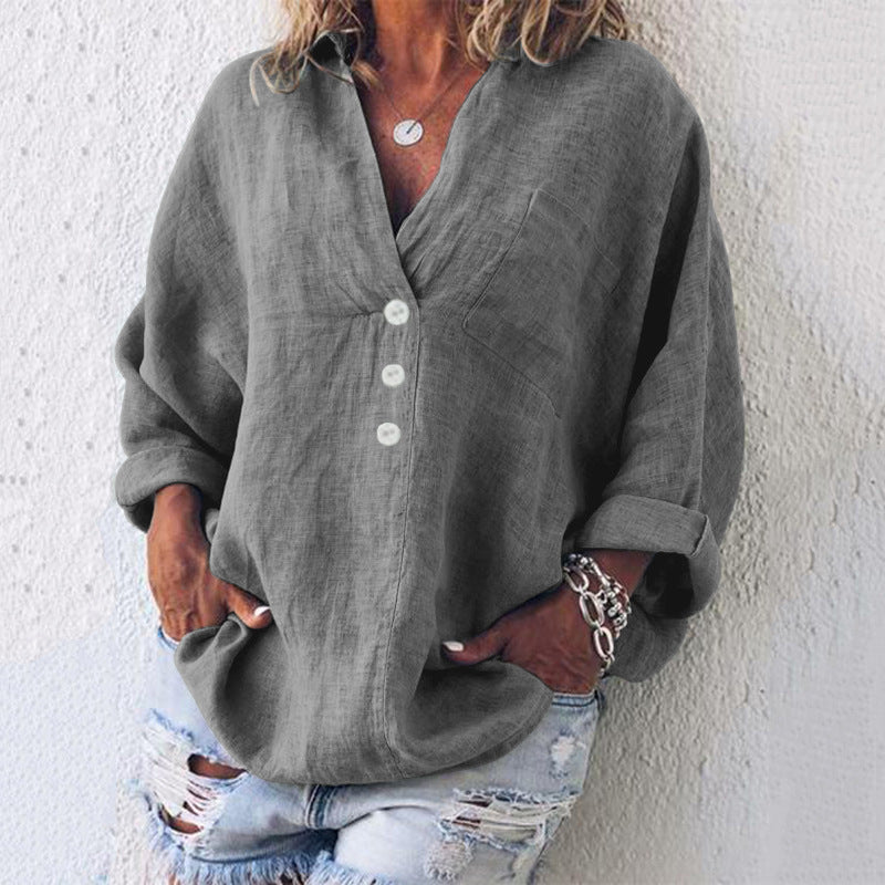 Women's Oversized Linen V-Neck Pullover Top