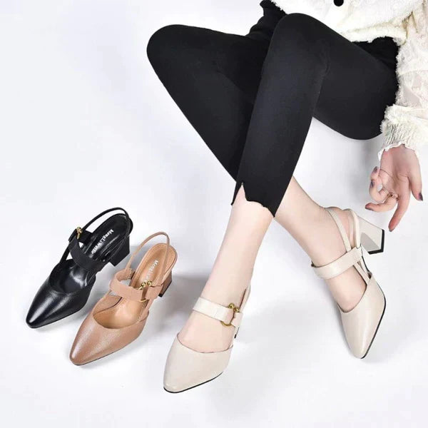 Fashionable orthopedic heeled sandals for women featuring a chic square heel and secure buckle.