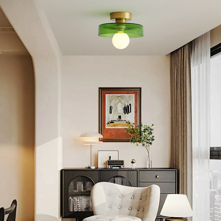 French Bauhaus brass & glass chandelier, contemporary ceiling light for home.