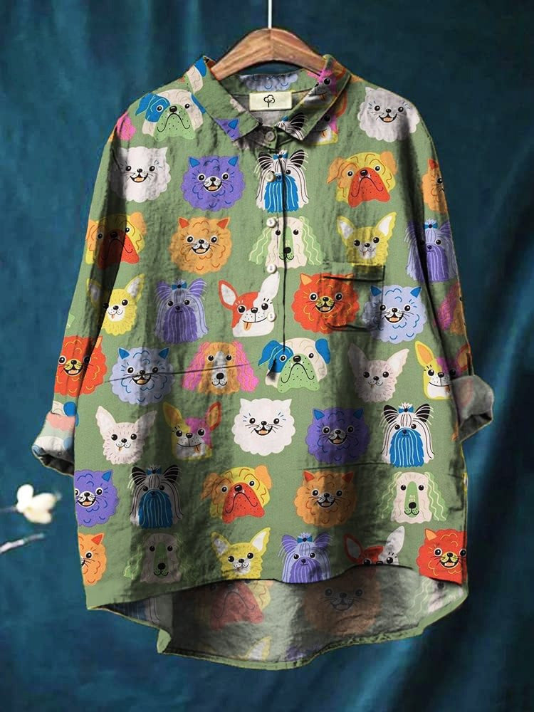 Unique men's artistic shirt with a colorful dog and cat art print. Stylish and expressive long sleeve.
