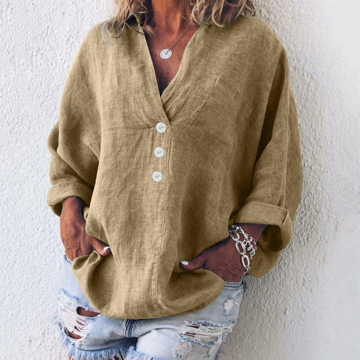 Women's Oversized Linen V-Neck Pullover Top
