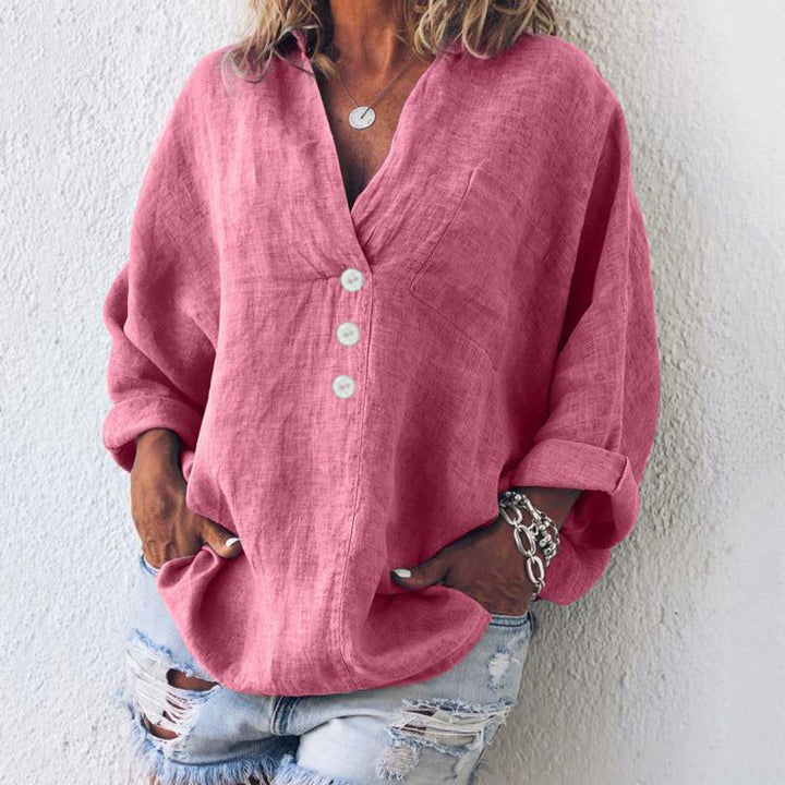 Women's Oversized Linen V-Neck Pullover Top