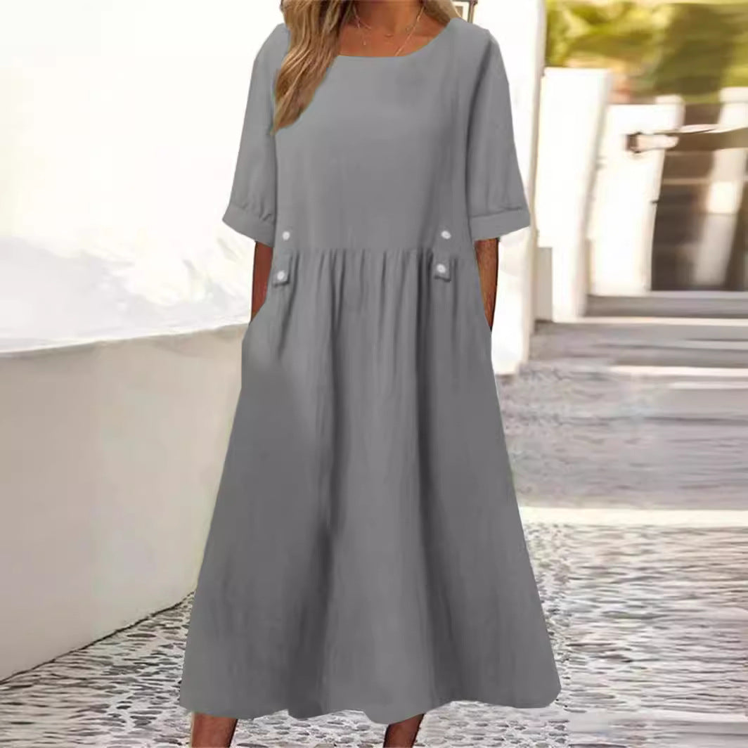 Amelia women's casual breezy summer midi dress, loose fit, short sleeve for comfortable everyday wear.