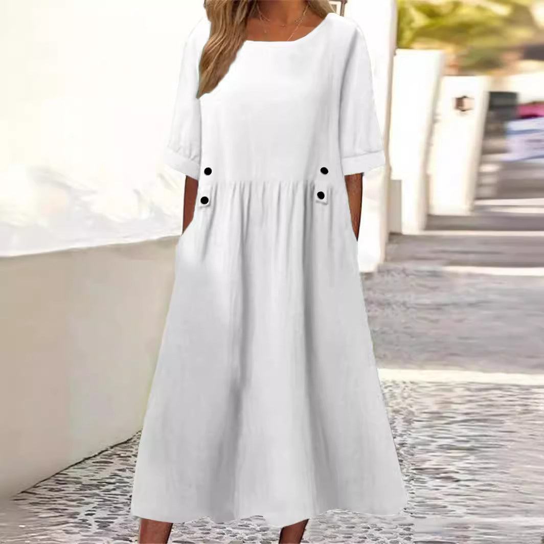 Breezy women's midi dress with round neck and short sleeves, perfect for a casual, elegant summer look.