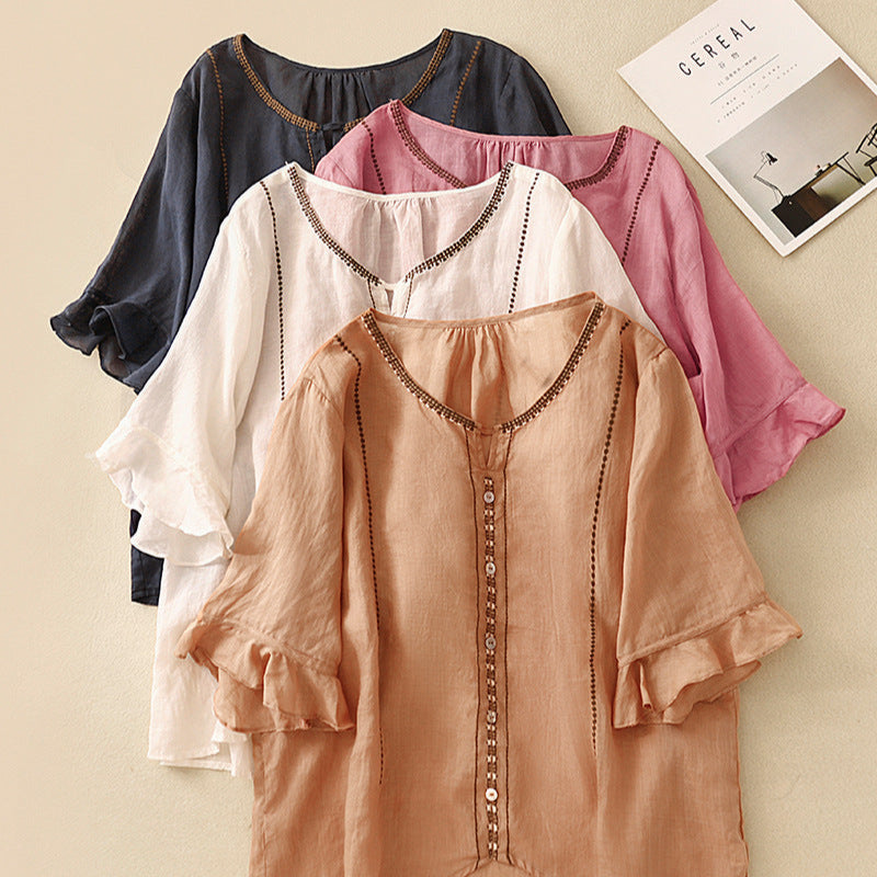 Embroidered Ruffle Sleeve Blouse