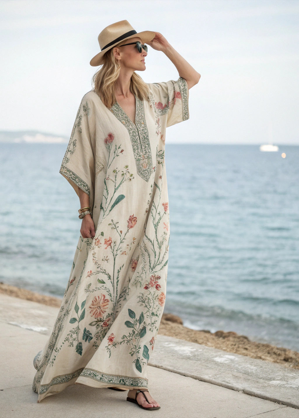 Women's chic bohemian print kaftan dress. Loose-fit maxi with vibrant floral patterns, perfect for summer resort wear.