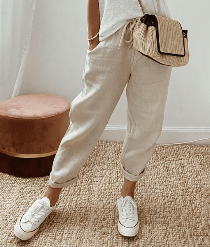 Versatile women's comfort pants with adjustable waist, ideal for spring fashion & casual chic everyday wear.