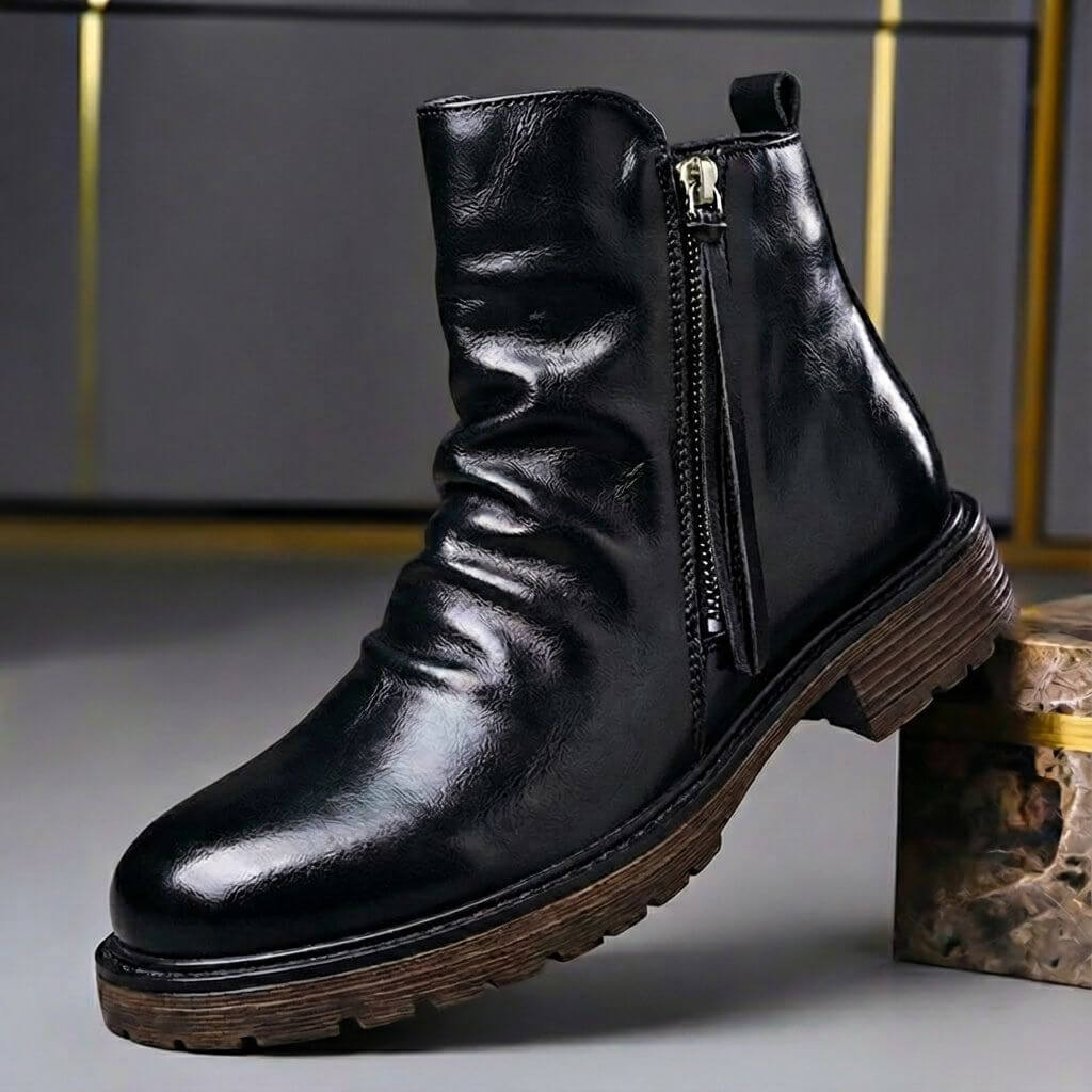 Classic men's vintage brown leather boots. Durable, comfortable ankle boots for versatile dress & casual wear.
