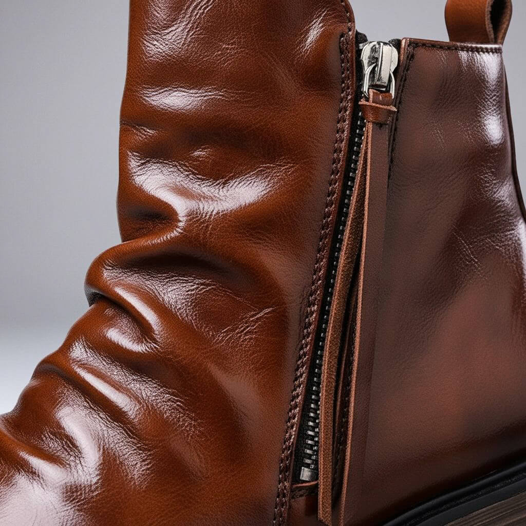 Sophisticated men's vintage leather boots, ideal for fall & winter fashion. Durable, comfortable ankle-high design.